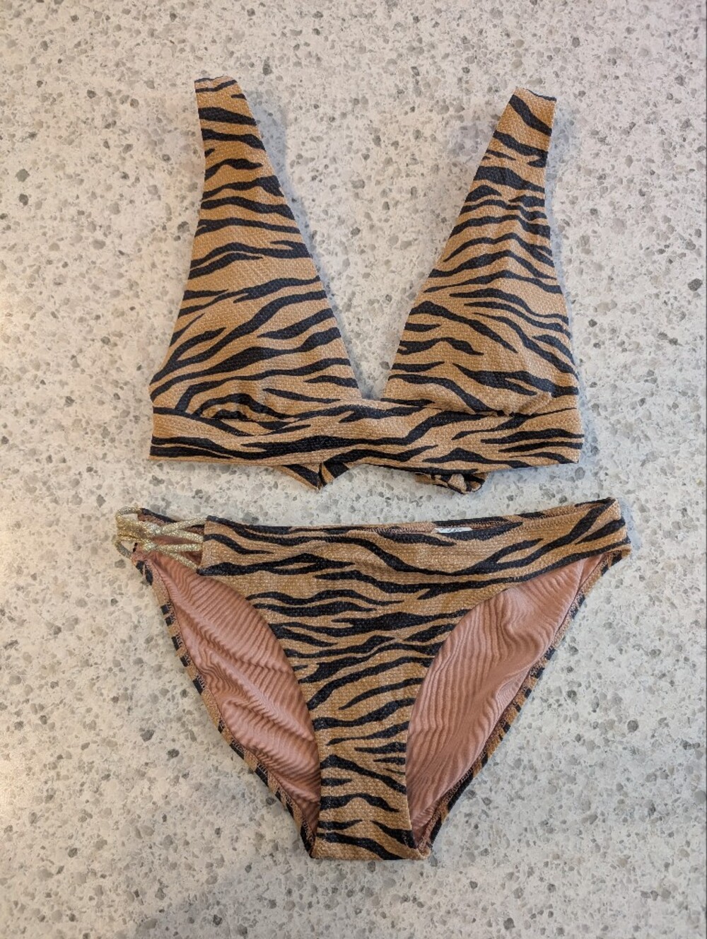 Aerie Nwot Tiger Swim Suit Small 2 Piece Bikini Brown Animal Print Black Stripes